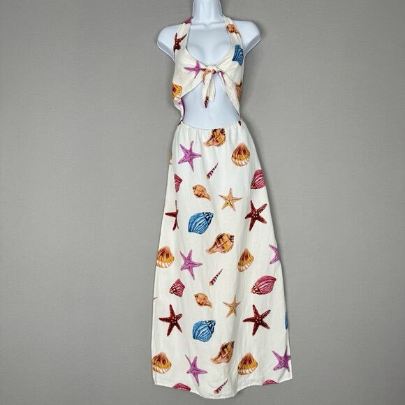 Anthropologie Womens Dress L White Linen Shell Print Halter Cutout Cover-Up Maxi - Picture 1 of 14